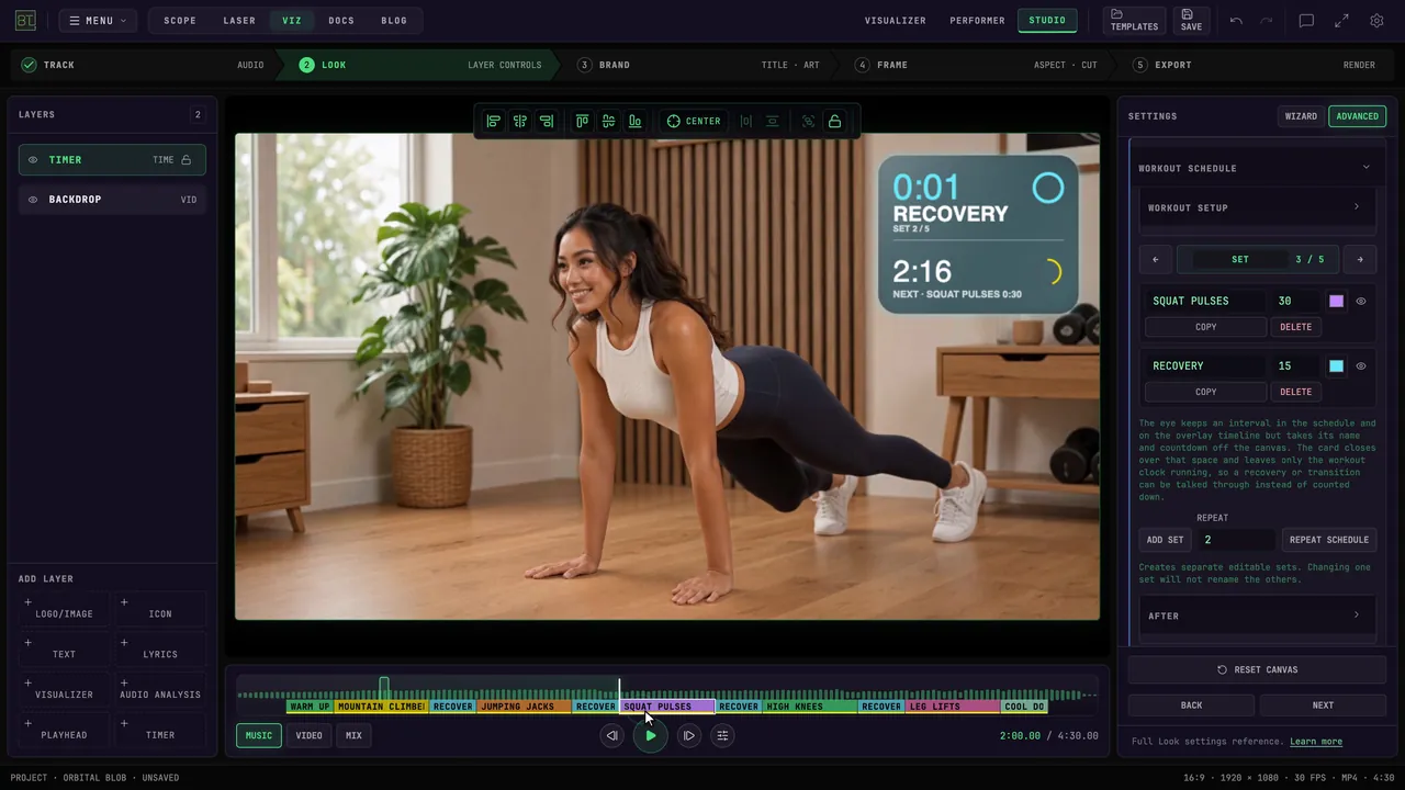Seek between workout sections on the colored timeline.