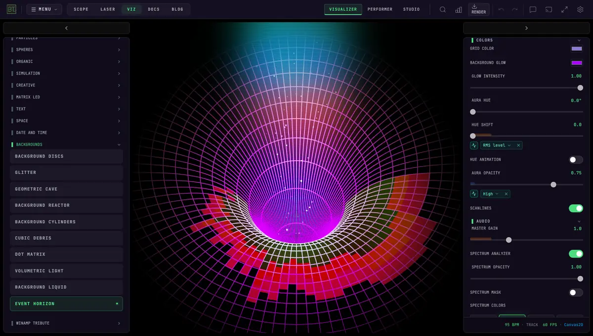 The Event Horizon visualizer — a glowing ring of light around a dark center