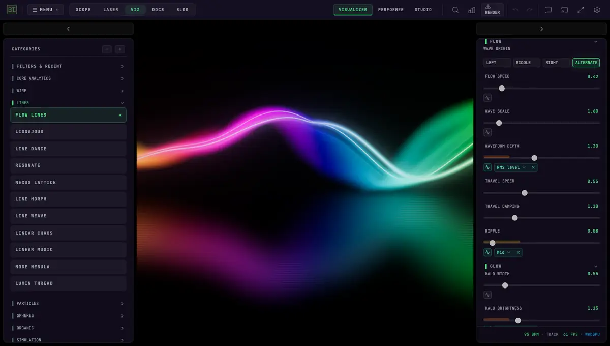 Flow Lines rendering luminous neon strands drifting above a mirror floor, with the Lines category expanded in the left sidebar