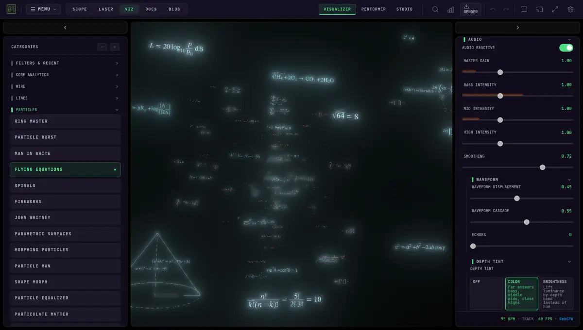 The Audio Visualizers interface with the Particles category expanded, Flying Equations selected, scientific formulas and diagrams moving through the canvas, and live Audio controls open in the settings panel