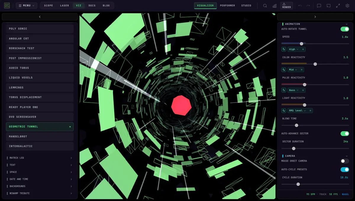 The Geometric Tunnel visualizer flying through a tunnel of green wireframe and solid panels toward a magenta core, with the Creative category expanded in the left sidebar and live audio meters in the settings panel