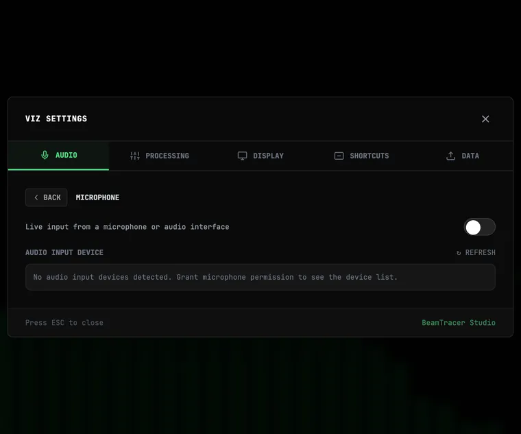 BeamTracer audio settings with microphone input choices