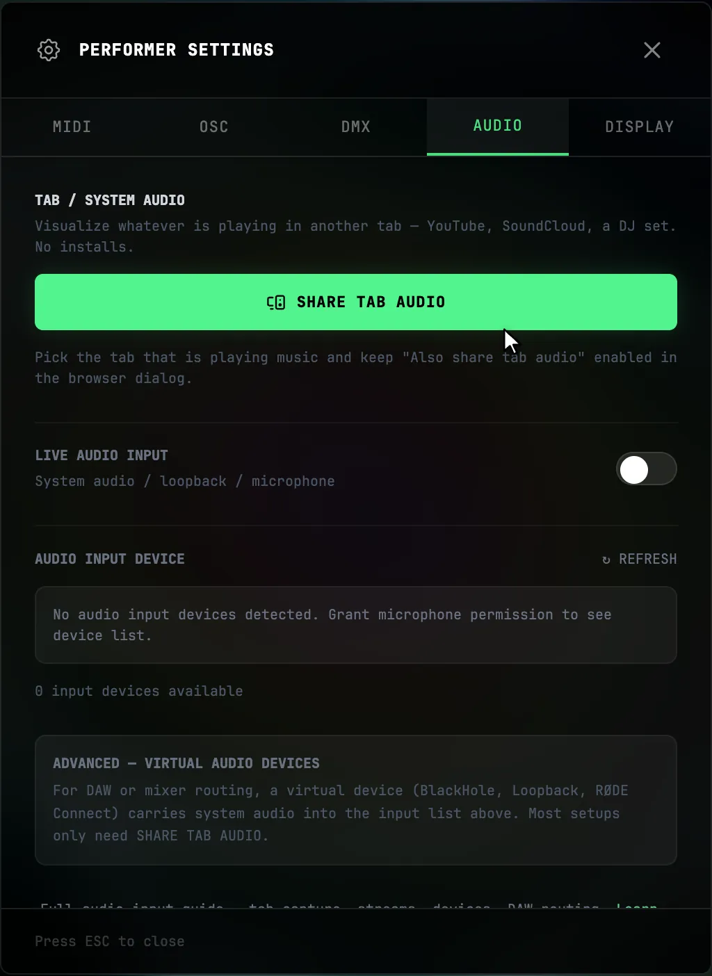 Tab audio and live input choices