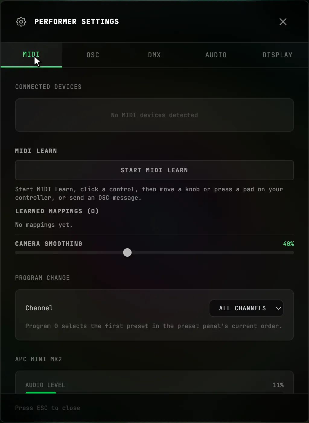 MIDI settings before a controller is connected