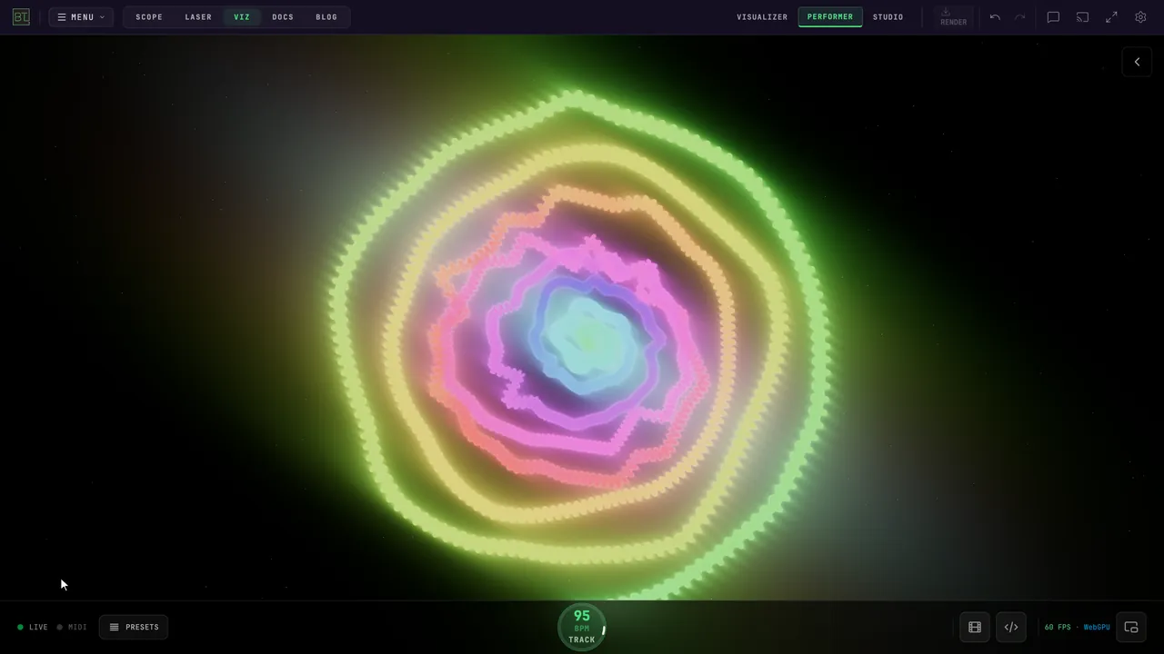 BeamTracer Performer canvas with its live-performance controls