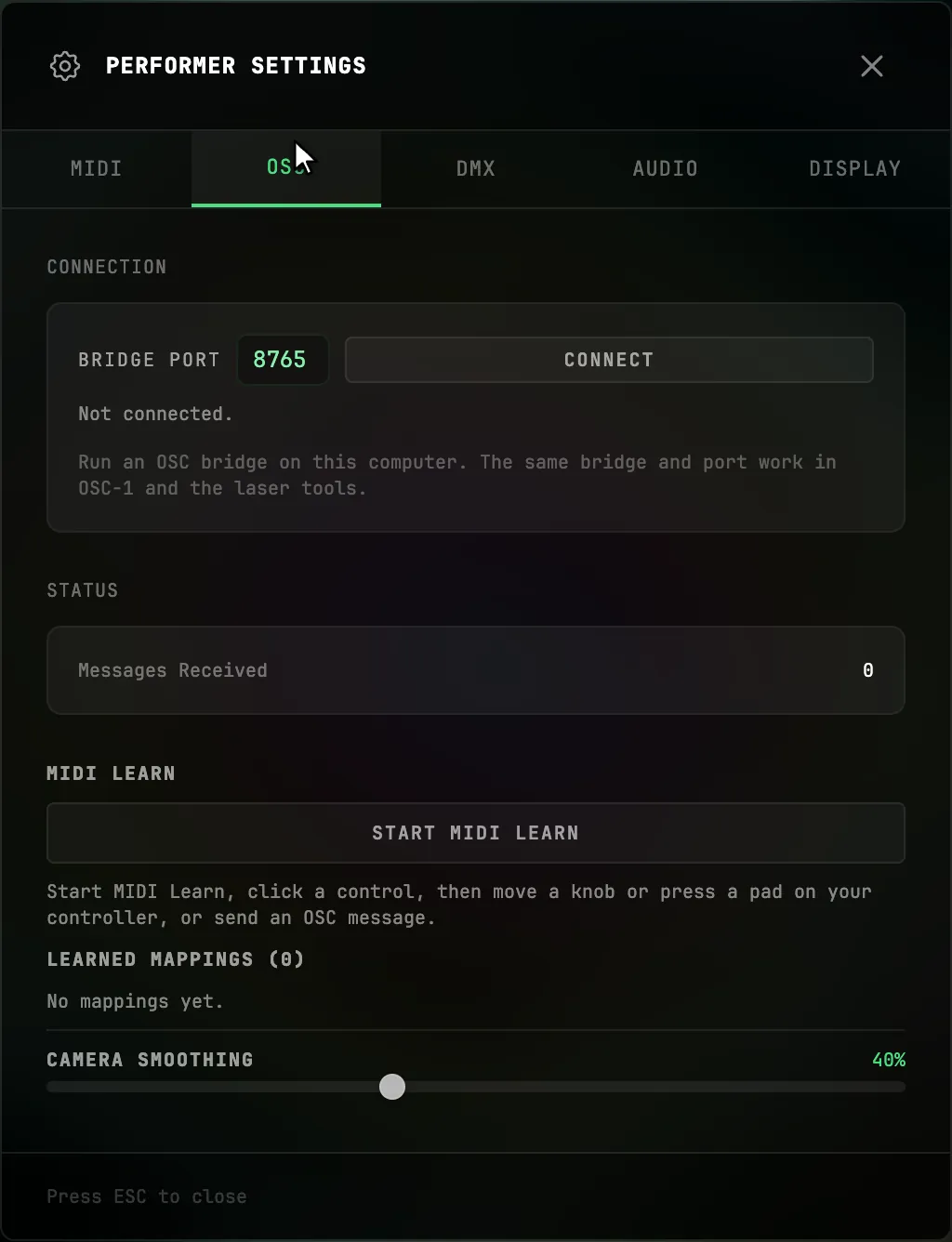 OSC connection and learning controls