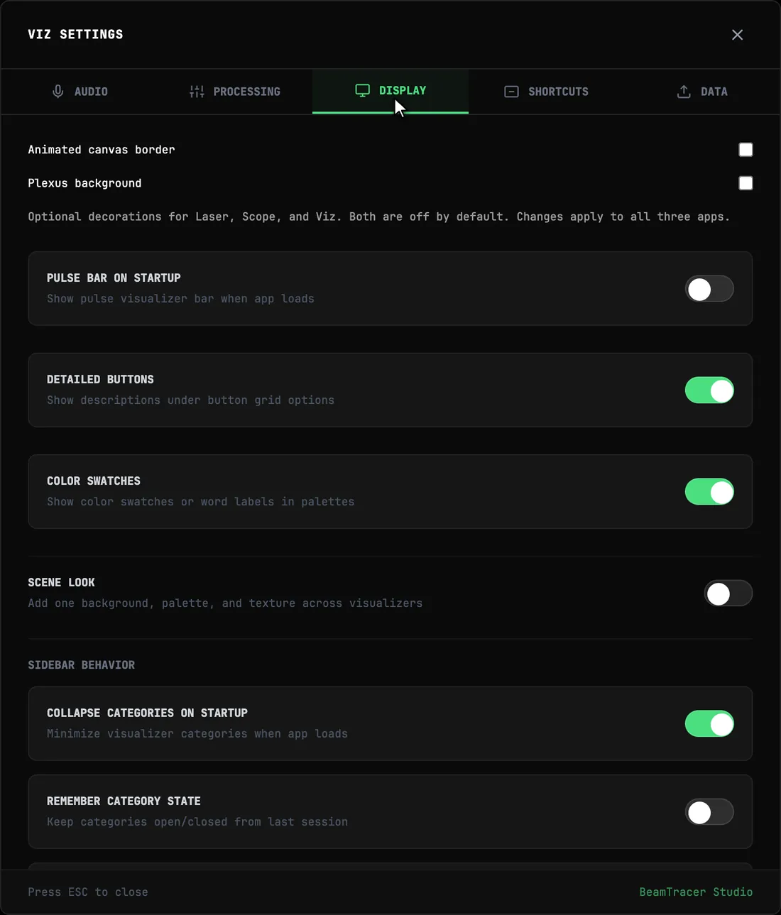 Display settings include optional interface effects