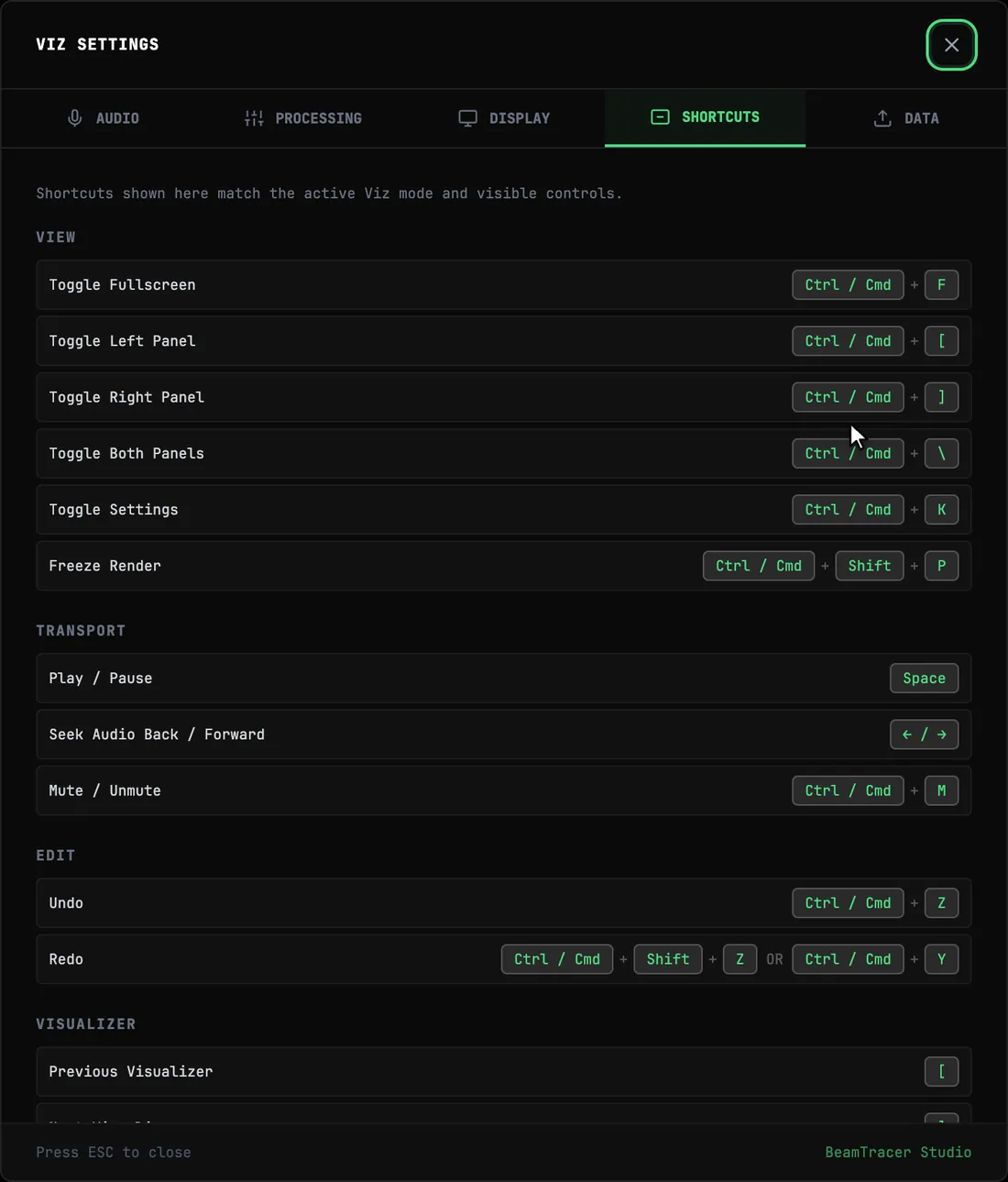 The active mode’s keyboard shortcuts