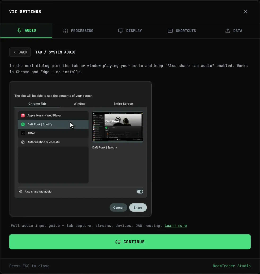 Choose tab or system audio before granting capture access