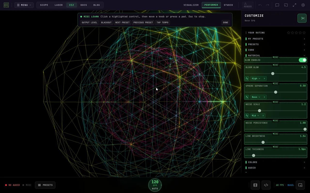 Performer MIDI Learn: START MIDI LEARN outlines every Neon Orb control in the Customize panel, SPHERE SEPARATION is clicked, a knob is turned, and the bar reads Mapped CC 21 ch 1 → NEON ORB · SPHERE SEPARATION; after DONE the knob opens and closes the orb