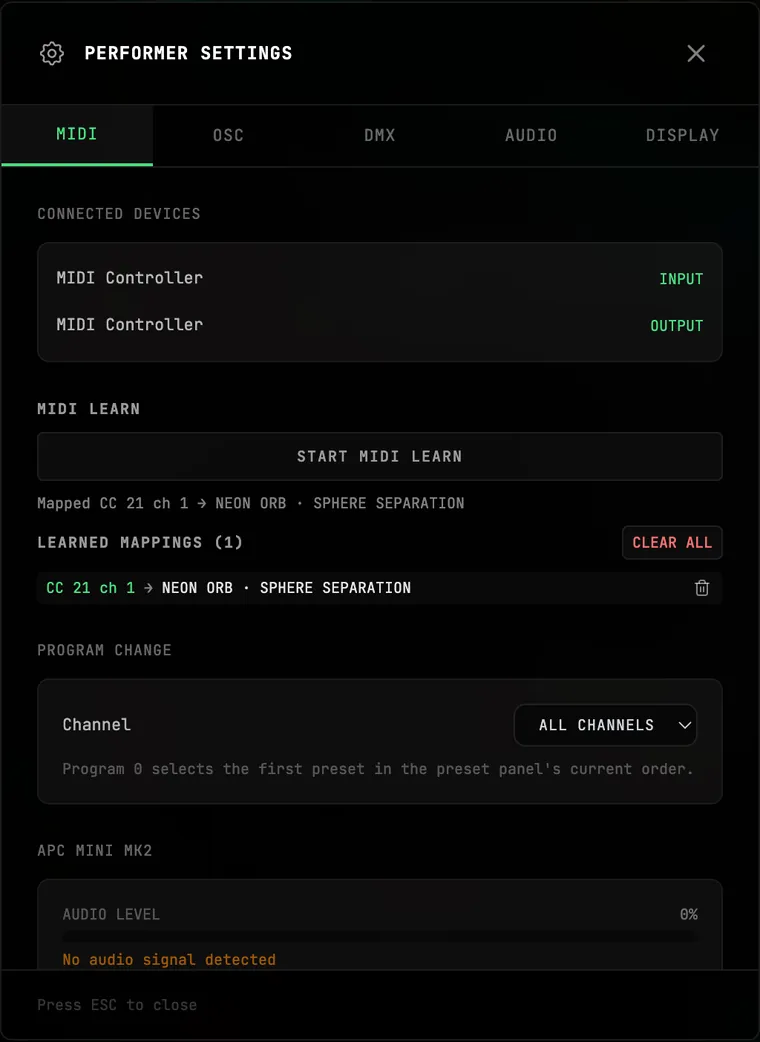 Performer Settings, MIDI tab: CONNECTED DEVICES, MIDI LEARN with START MIDI LEARN and the last mapping, and LEARNED MAPPINGS listing CC 21 ch 1 → NEON ORB · SPHERE SEPARATION with CLEAR ALL