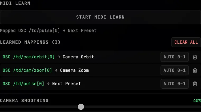 Performer Settings, OSC tab: MIDI LEARN with LEARNED MAPPINGS (3) listing OSC /td/cam/orbit[0] → Camera Orbit, OSC /td/cam/zoom[0] → Camera Zoom and OSC /td/pulse[0] → Next Preset, each with AUTO 0–1 and a remove button, and CAMERA SMOOTHING at 40% underneath