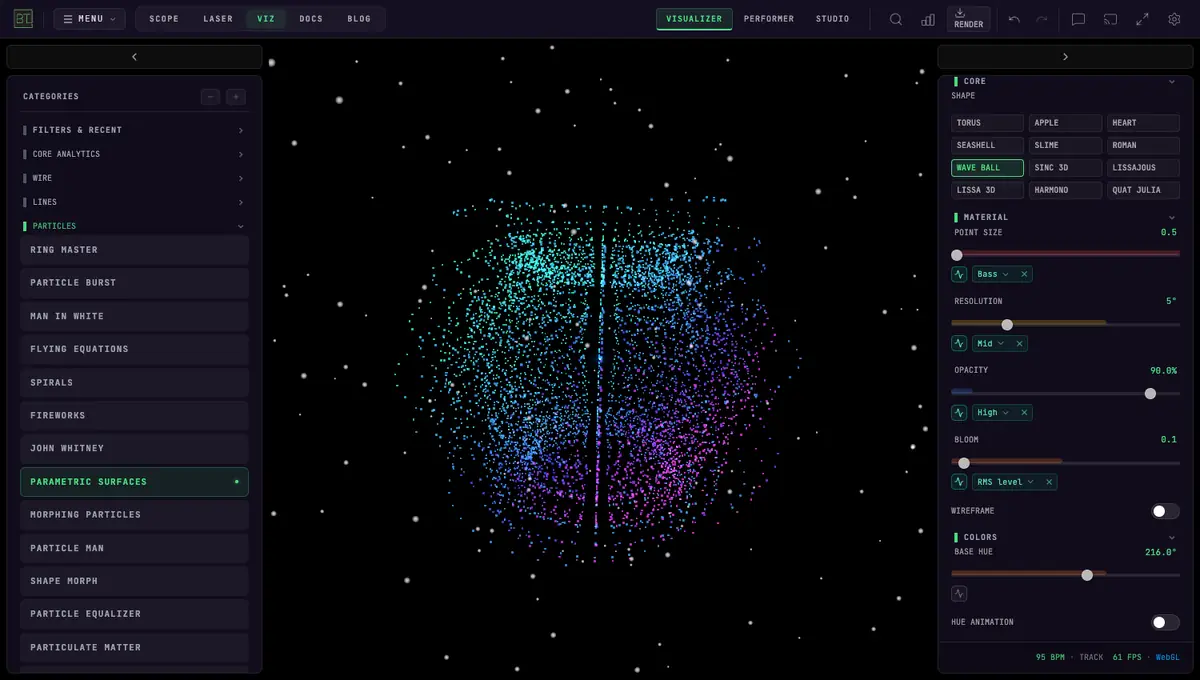 The Parametric Surfaces visualizer rendering a rotating particle sphere in cyan, blue, and magenta against a starfield, with the Particles category expanded in the left sidebar and live audio meters in the settings panel