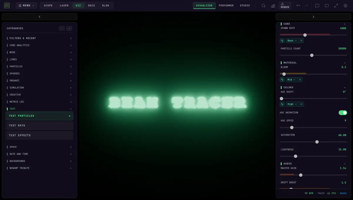 The Text Particles visualizer spelling BEAM TRACER out of thousands of dissolving blue particles, with the Text category expanded in the left sidebar and the demo track playing