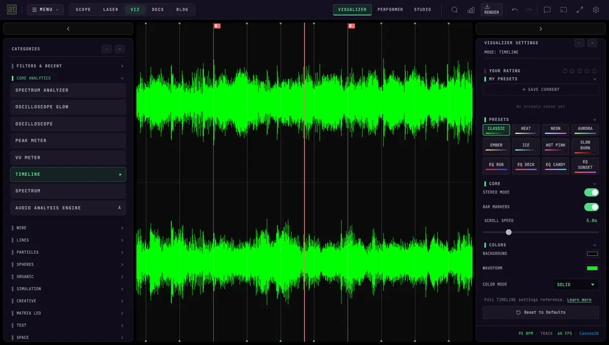 Timeline in the Classic preset: a green stereo waveform scrolling past a centred red playhead with bar markers