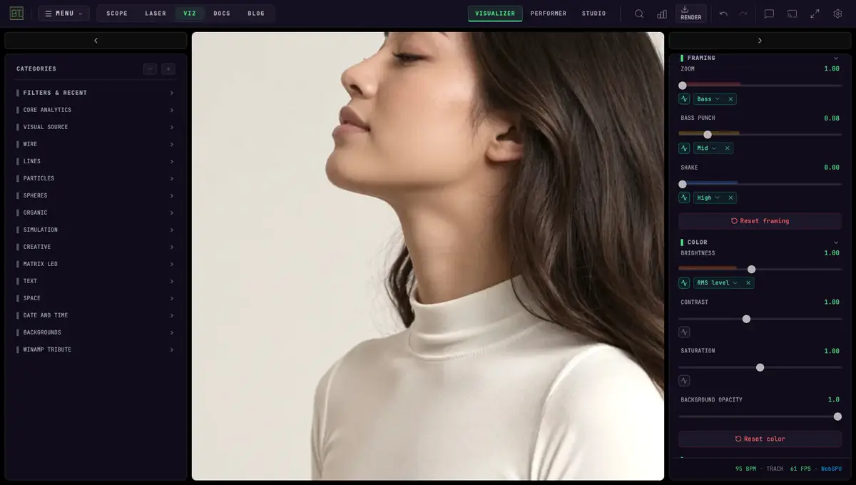 The Visual Source visualizer showing a studio photograph of a woman in profile