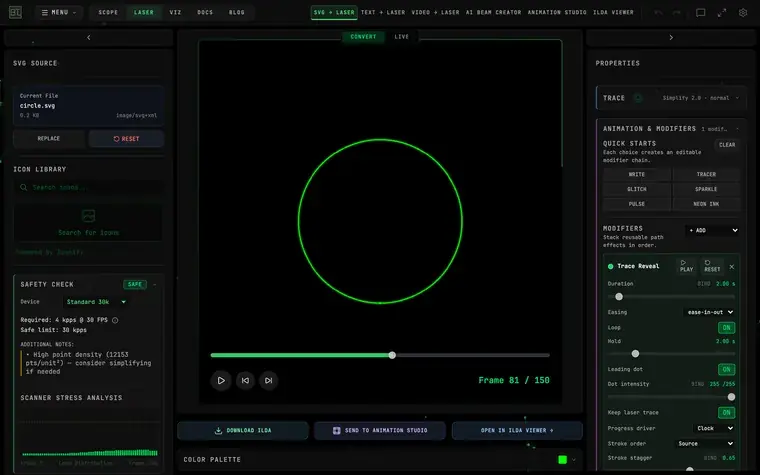 The SVG to Laser interface — Iconify icon library on the left, the NIN logo converted to a live laser vector preview in the center, and smoothing/visualization properties on the right