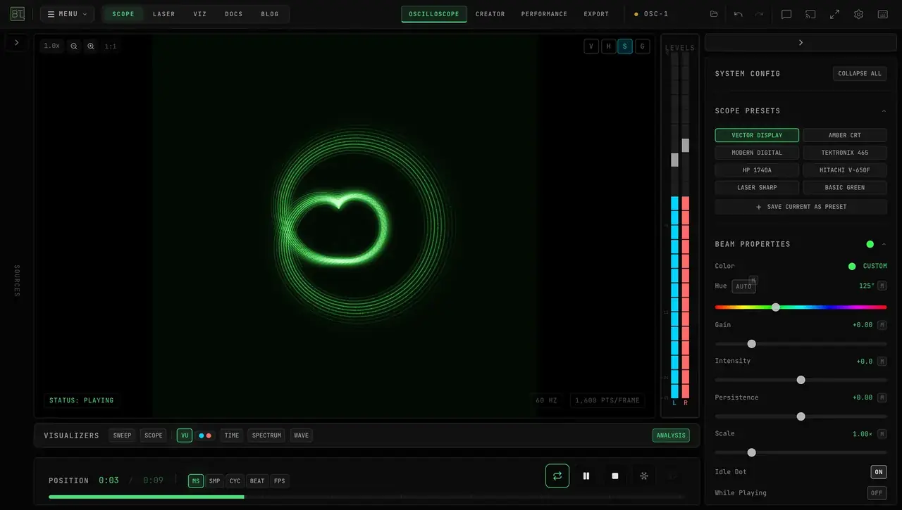 OSC-1 scope presets panel — 8 presets including Tektronix 465, Amber CRT, Hitachi V-650F, Vector Display, Laser Sharp, and more