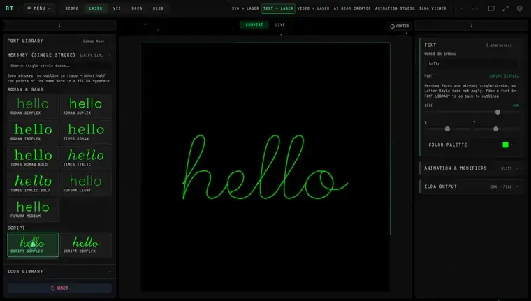 Text to Laser drawing "hello" in the Hershey Script Simplex single-stroke face, with the Hershey library open on the left and the text settings on the right