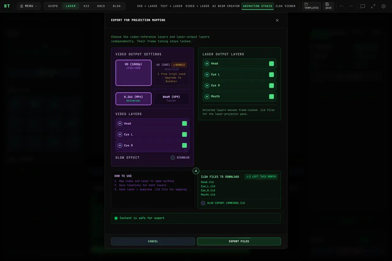 The Export for Projection Mapping modal: purple video output settings and green laser output layers selected independently, the ILDA files to download list with the monthly allowance badge, and the safety status line