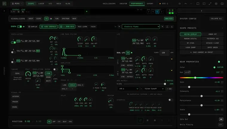 The Viktor NV-1 synth controls — oscillators, filter and amplifier with envelope curve editors, LFOs, modulation matrix, phase, delay, reverb and dynamics, all visible in one rack
