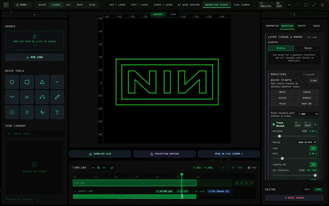 The NIN outline drawing in Animation Studio during timeline playback