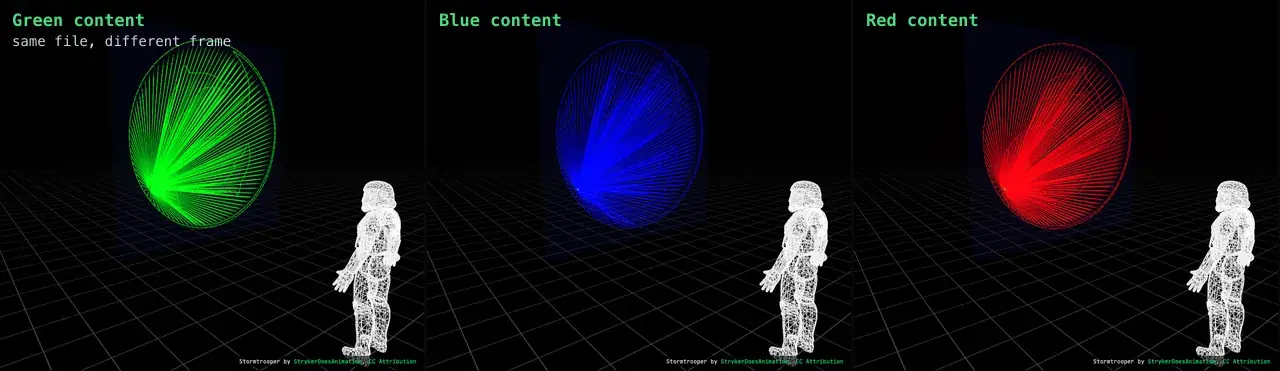 The same file at three different frames, the beams rendering green, blue and red to match the content