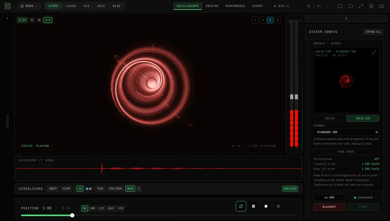 OSC-1 displaying a detailed spiral with active VU meters, waveform, playback controls, and laser simulator preview