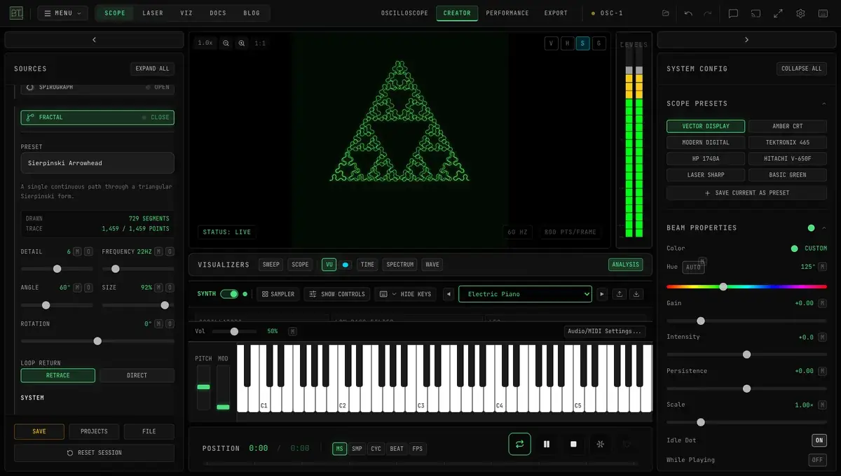 OSC-1 in Mode 2 Creator — the Fractal generator open with MIDI and OSC assignment buttons beside a generated XY fractal