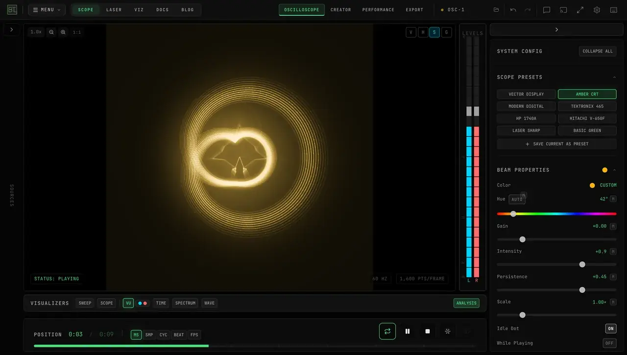 The Amber CRT preset active — the same XY figure rendered in warm amber phosphor with a long-afterglow bloom, the Beam Properties panel showing Hue 42° and raised Persistence