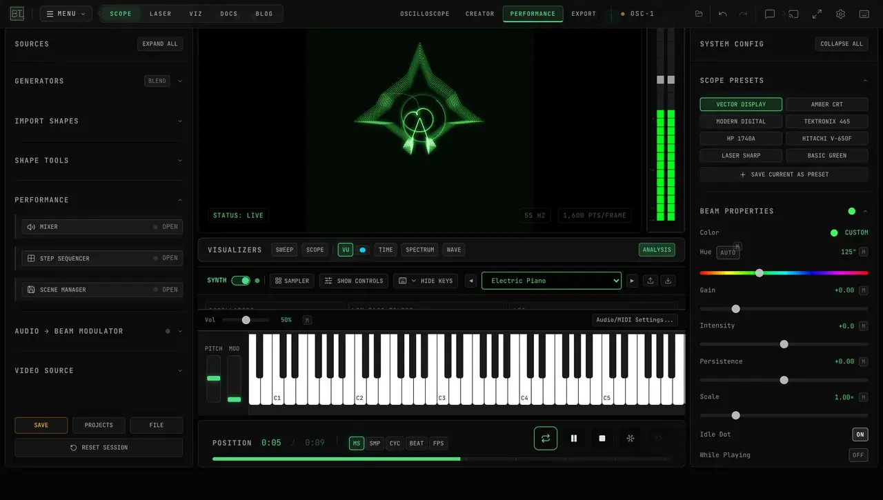 OSC-1 in Performance mode — Mixer, Step Sequencer, and Scene Manager entries beside the synth and keyboard